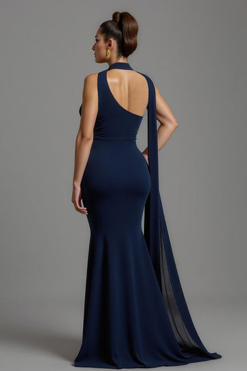 Navy Satin Mermaid Neck Scarf Long Formal Dress